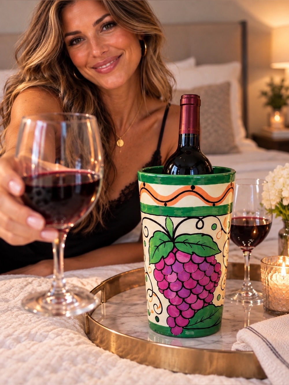 Signed Hand Painted Grape Ceramic Wine Chiller Utensil Crock Vase 9”